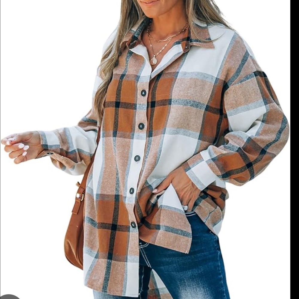 Women Long Sleeve Plaid Button Down Tops Casual V Neck Oversized Shirt Blouse